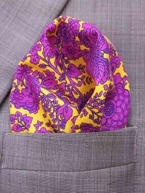 Gascoigne Hand Stitched Pocket Square Purple Yellow Floral Men's